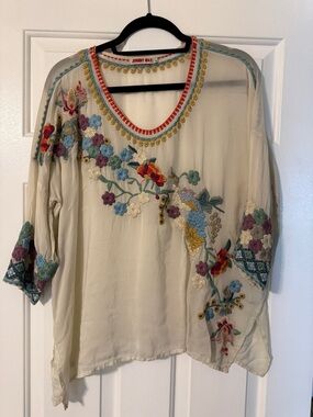 Johnny Was Cream Boho Embroidered V-Neck Tunic with Multicolor Florals